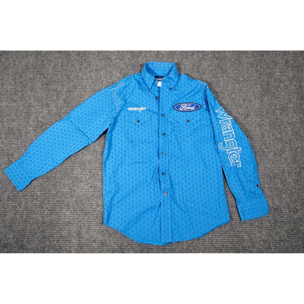 Wrangler Ford Mens Small Blue Geometric Western Snap Long Sleeve Shirt MP2295M